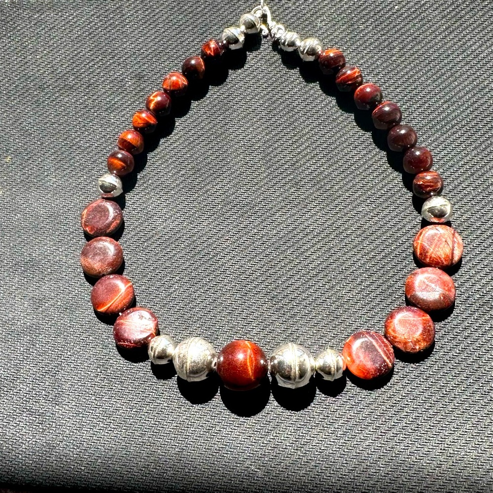 Hand Crafted “One if a Kind” Red Tiger or Hawk Eye & Sterling Silver Necklace